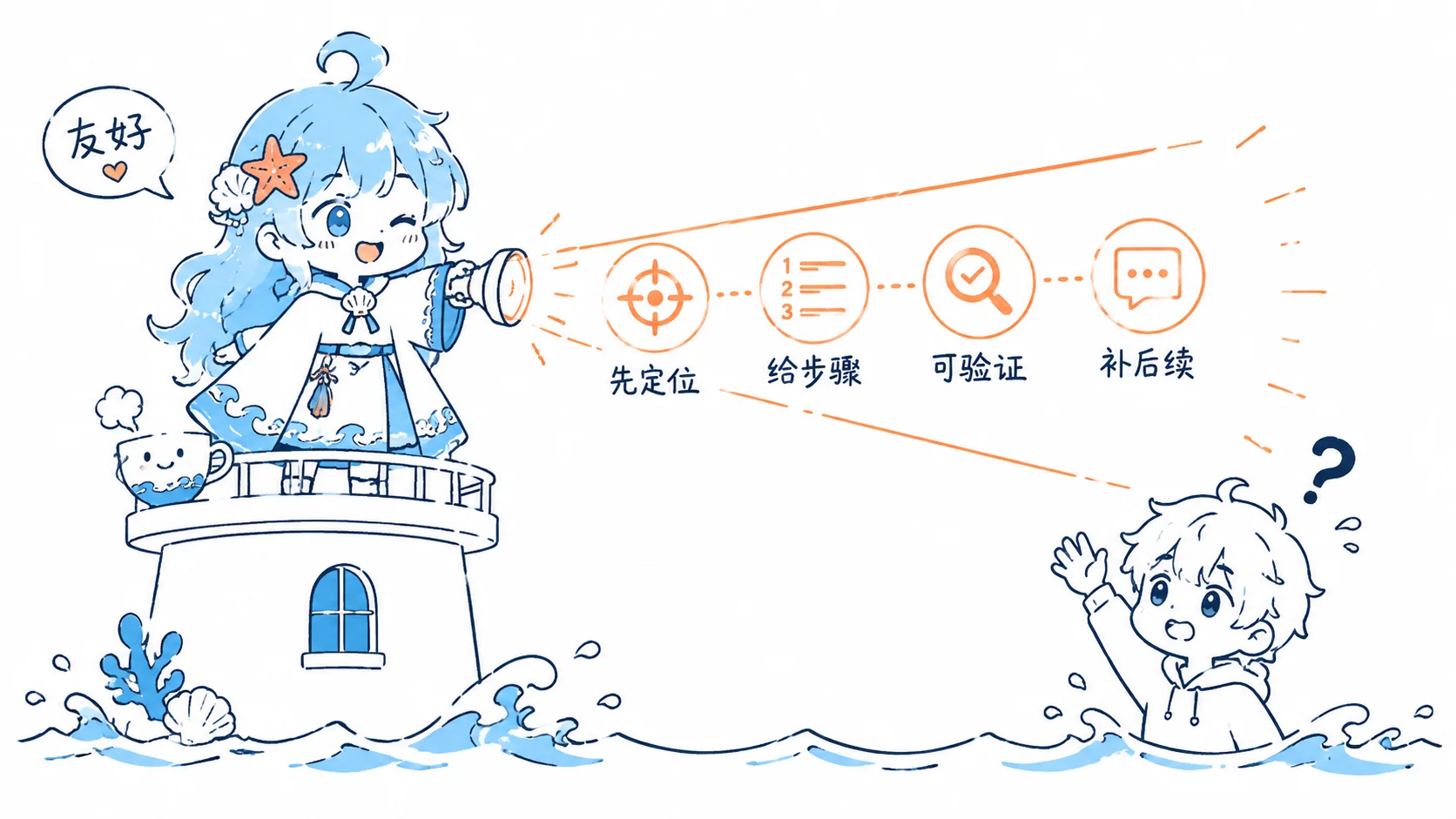 海灵从灯塔发出友好的答案光束,按定位、步骤、验证和后续补充展开