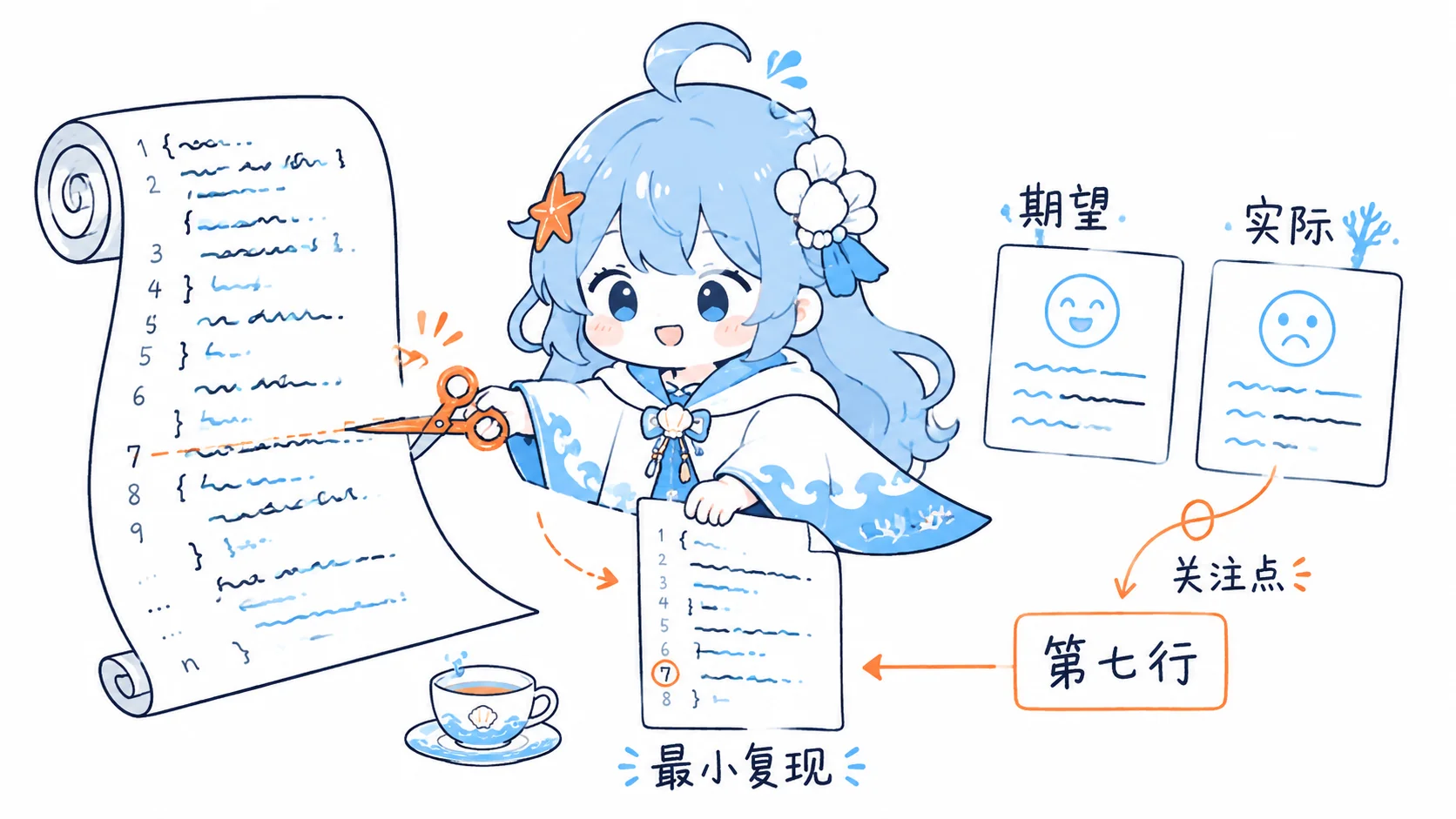 海灵把混乱代码卷裁成最小复现,并标出期望、实际和关注点